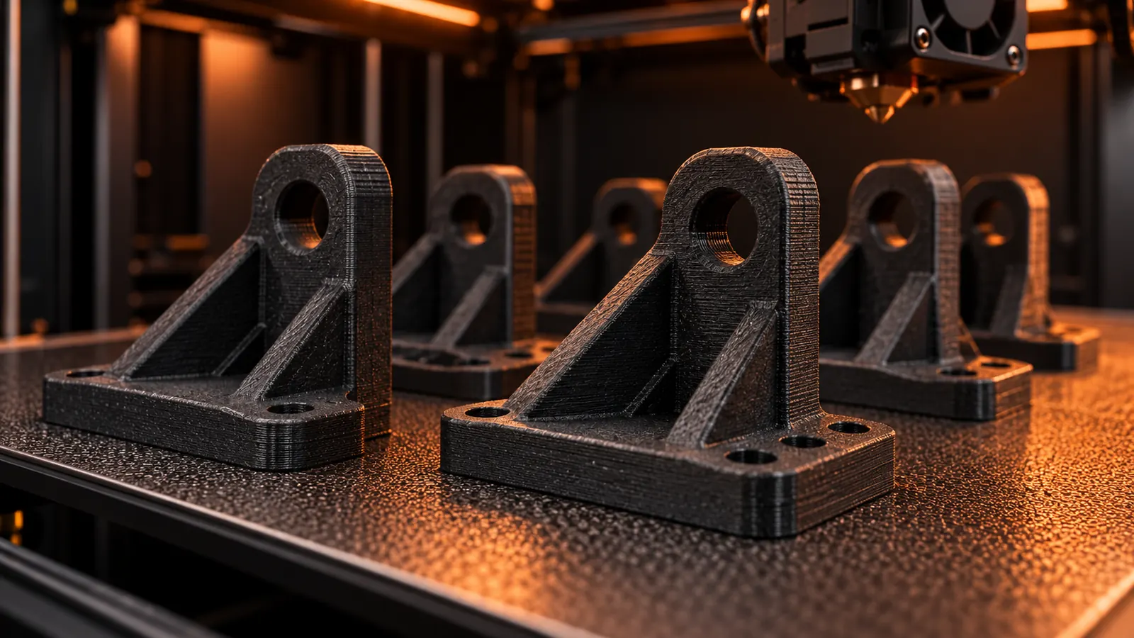 Endüstriyel 3D yazıcının tablasında karbon fiber takviyeli naylondan basılmış siyah braketler